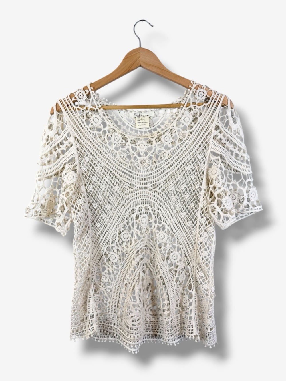 Solitaire Crochet Open Knit Top Size L Ivory Cream Boho Peasant Cottagecore